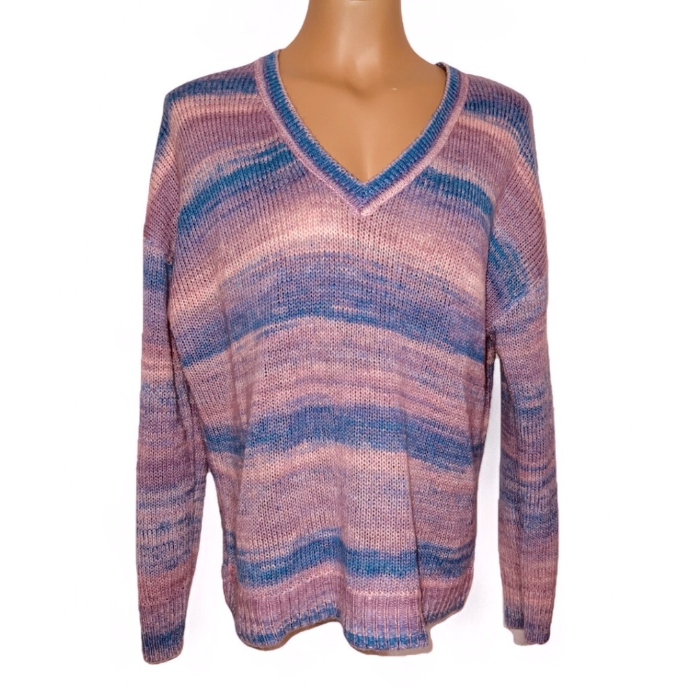 Gap Relaxed Forever Cozy V-neck Stripe Sweater Blurred Stripe Purple Ombre Sz L